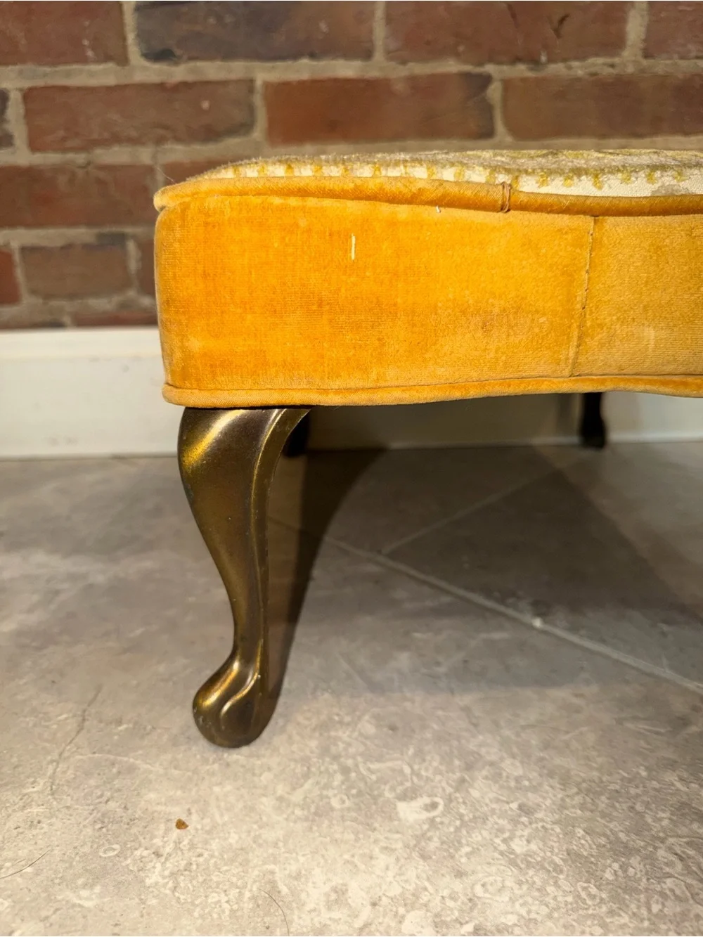 MCM‎ Small Gold Cut Velvet Brass Leg Footstool Ottoman
